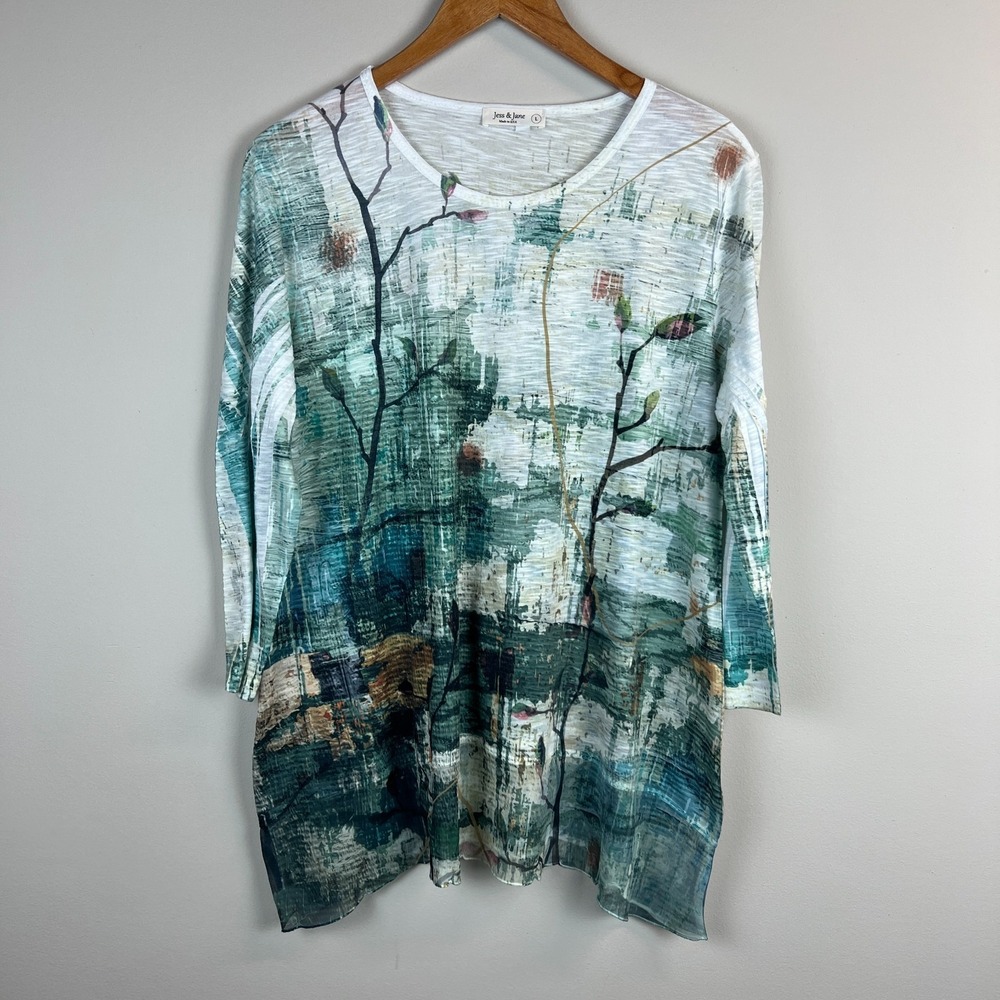 Jess & Jane Tunic Top Womens Large Green Abstract Art to Wear Artsy Sheer Hem L